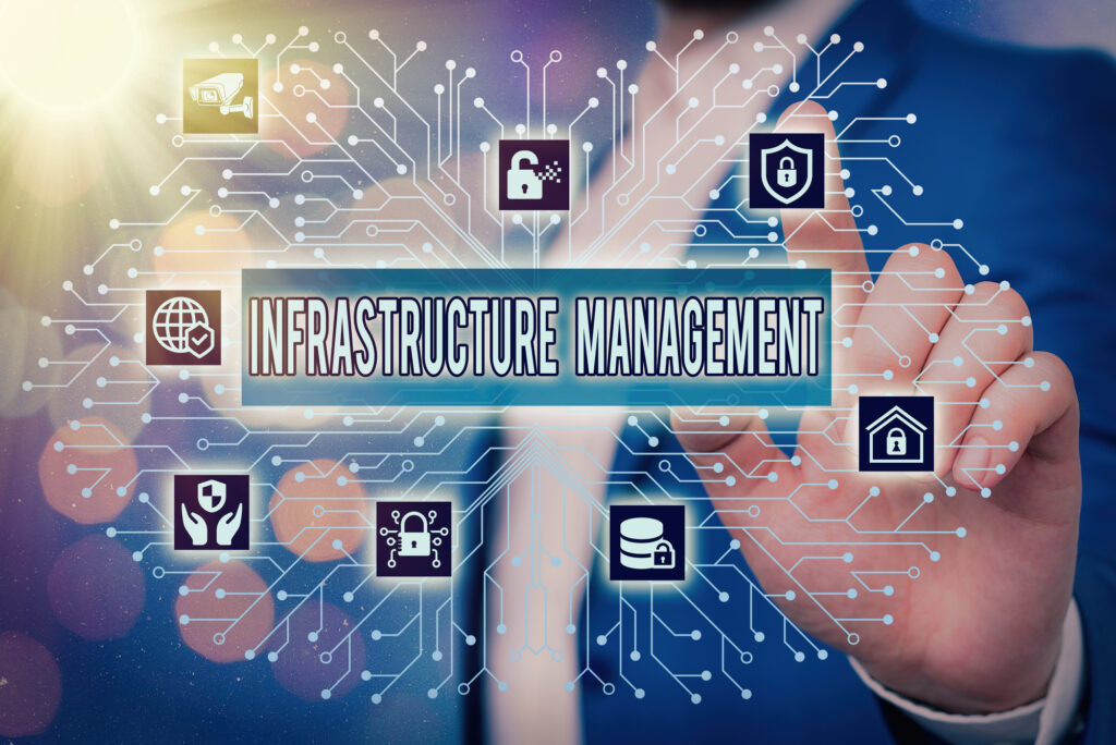 Icodewales Text sign showing Infrastructure Management. Conceptual photo minimize downtime, maintain business productivity System administrator control, gear configuration settings tools concept.